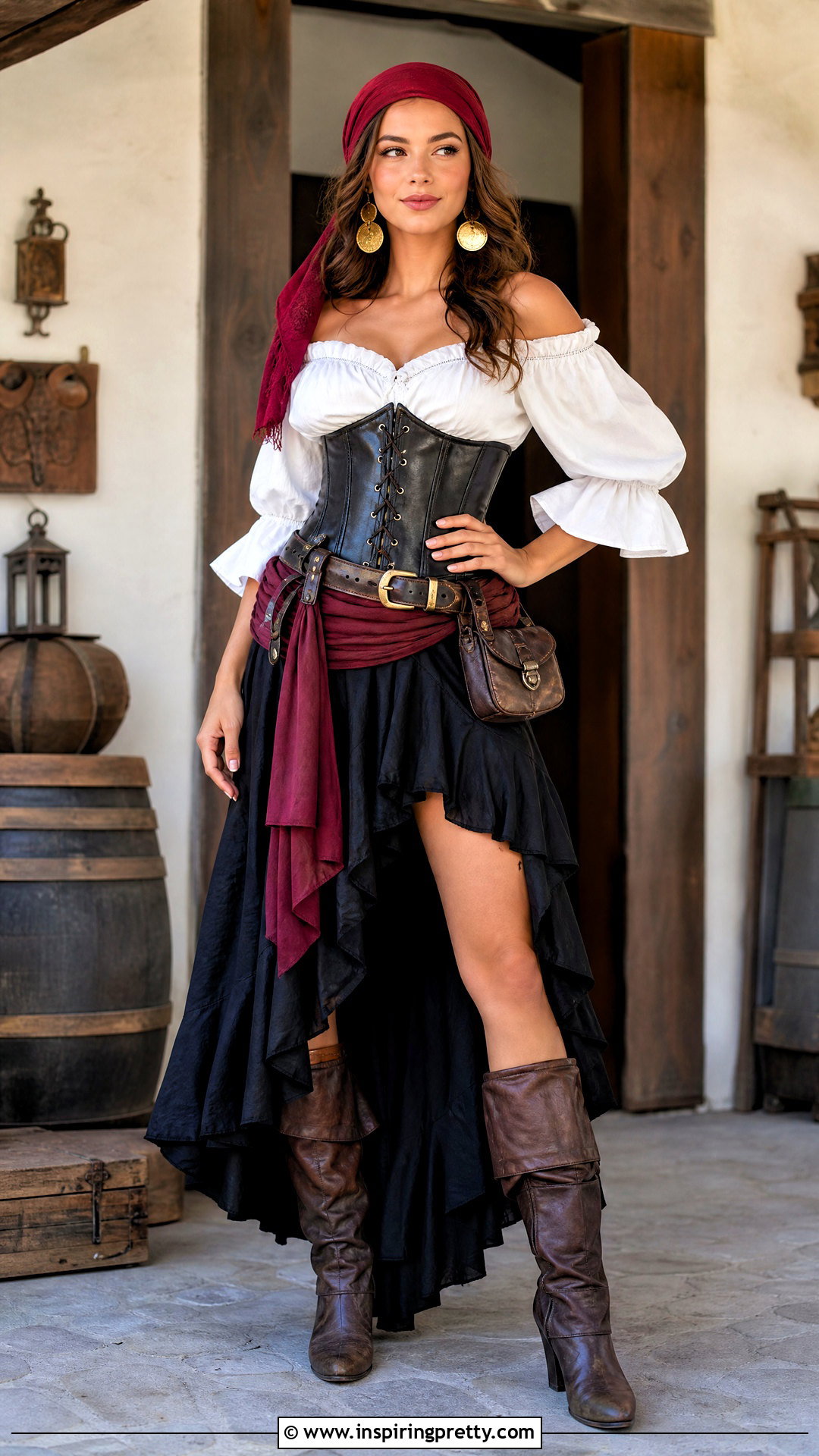 White Pirate Blouse With Black Corset And Skirt - 25 female pirate top outfit ideas