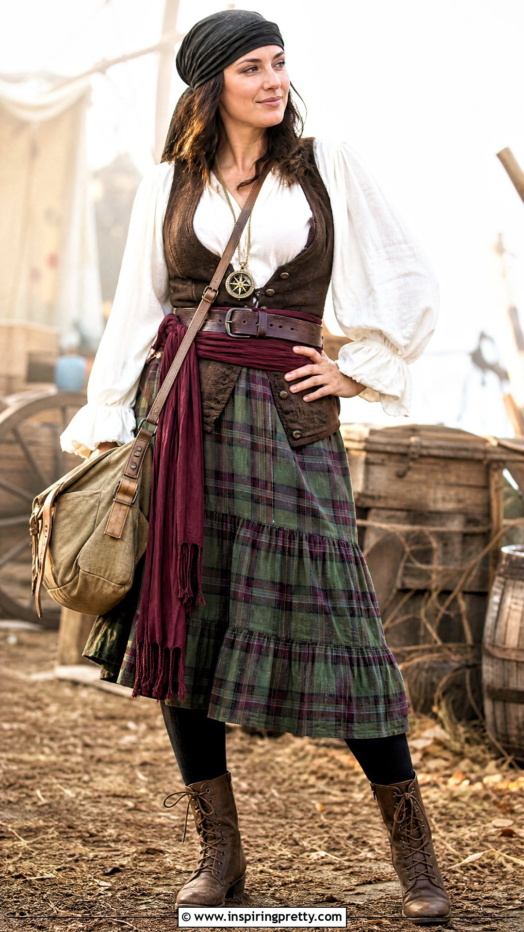 White Pirate Shirt With Plaid Skirt - 25 female pirate top outfit ideas