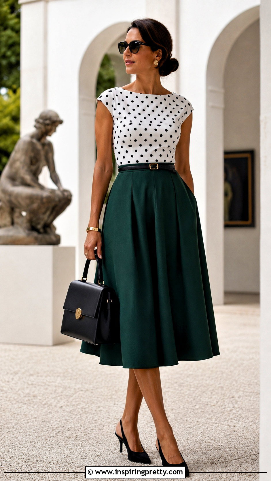 White Polka Dot Top With Green Midi Skirt - 50 white polka dot top outfit ideas