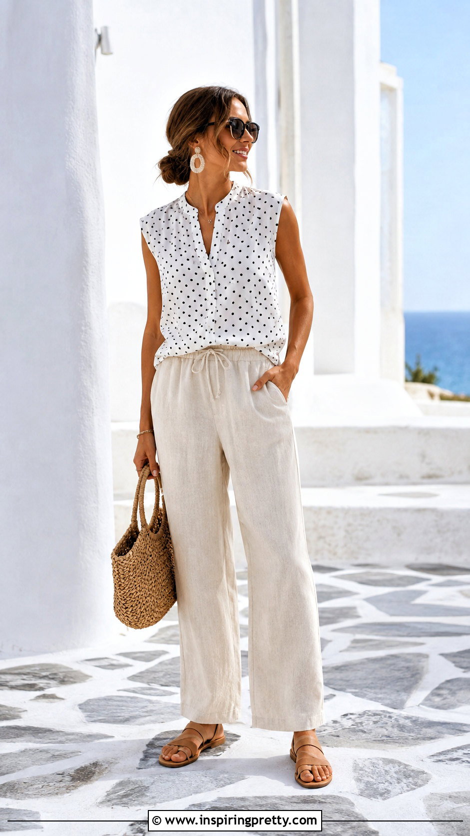 White Polka Dot Top With Linen Pants - 50 white polka dot top outfit ideas