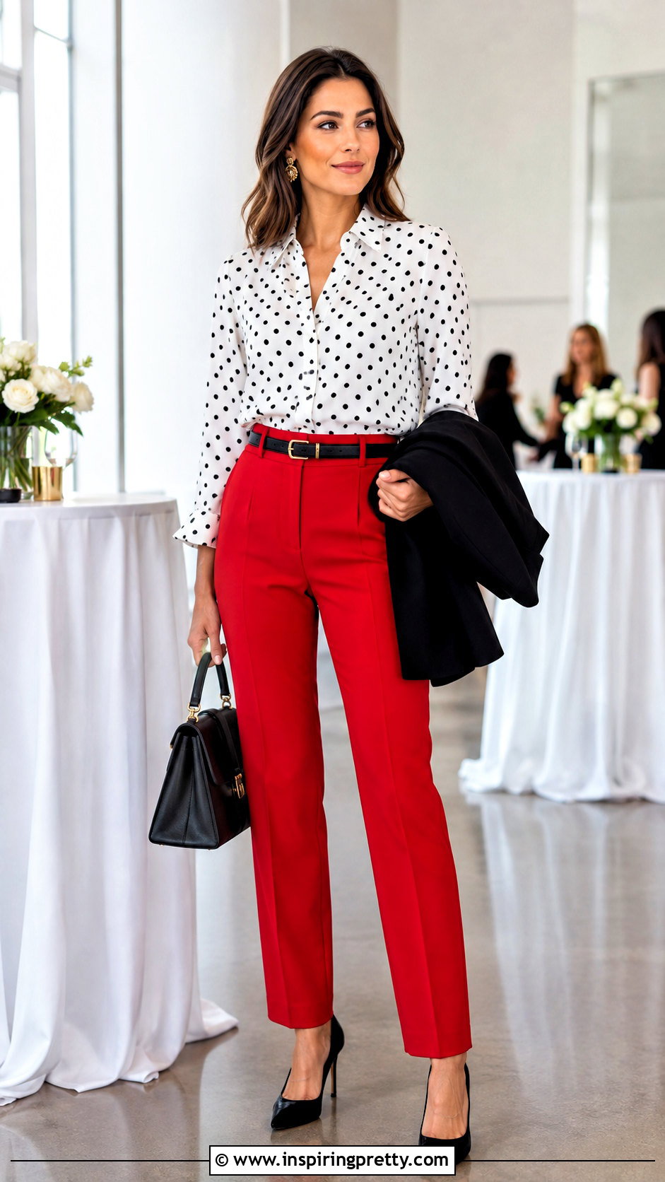 White Polka Dot Top With Red Trousers - 50 white polka dot top outfit ideas