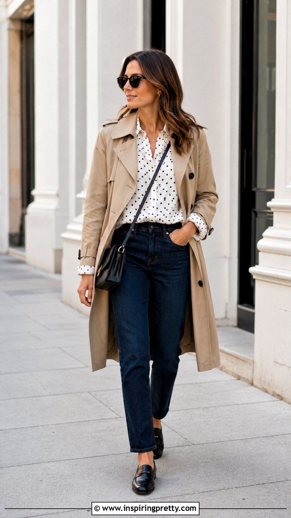 White Polka Dot Top With Trench Coat And Jeans - 50 white polka dot top outfit ideas