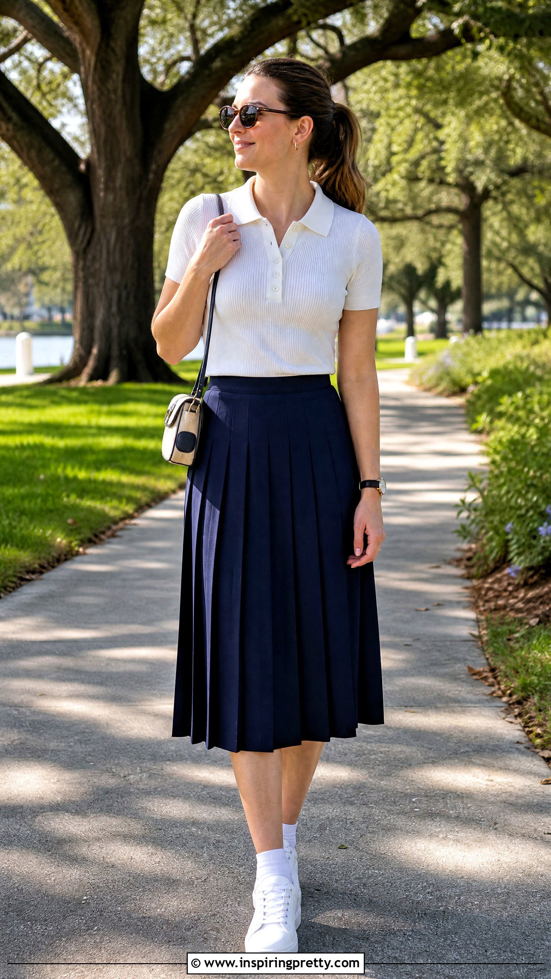 White Polo Top With a Pleated Skirt and Sneakers - 50 cute white tops outfit ideas