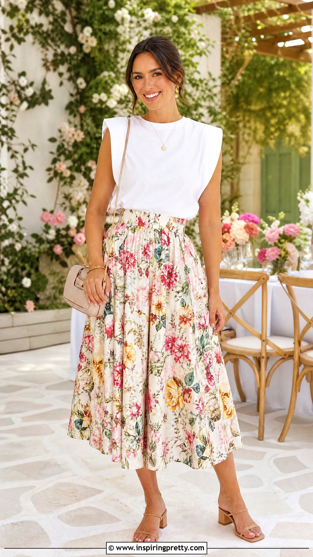White Poplin Top With Printed Midi Skirt - 50 White Summer Top outfit ideas