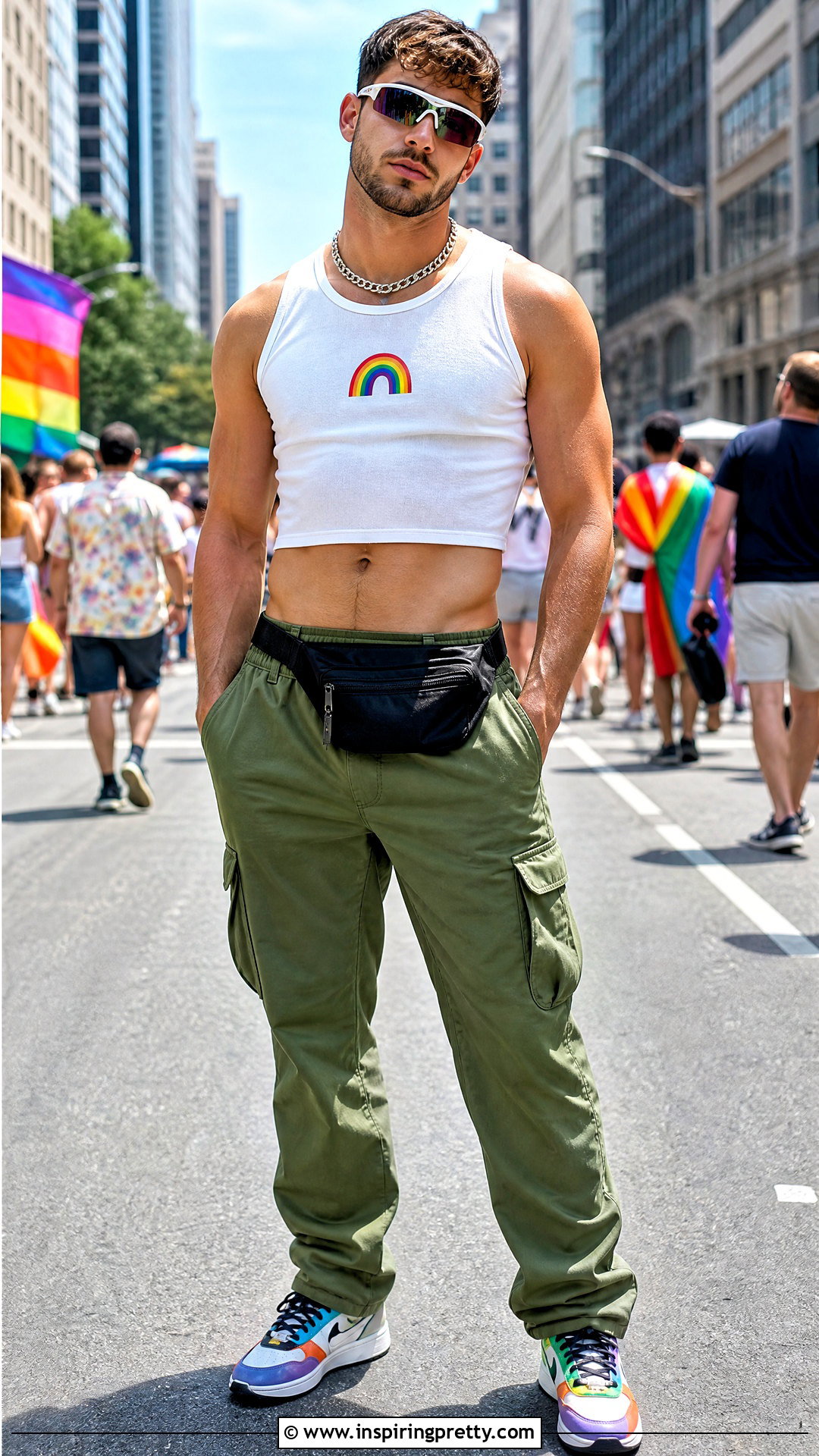White Pride Crop Top With Cargo Pants - 20 pride crop top men outfit ideas