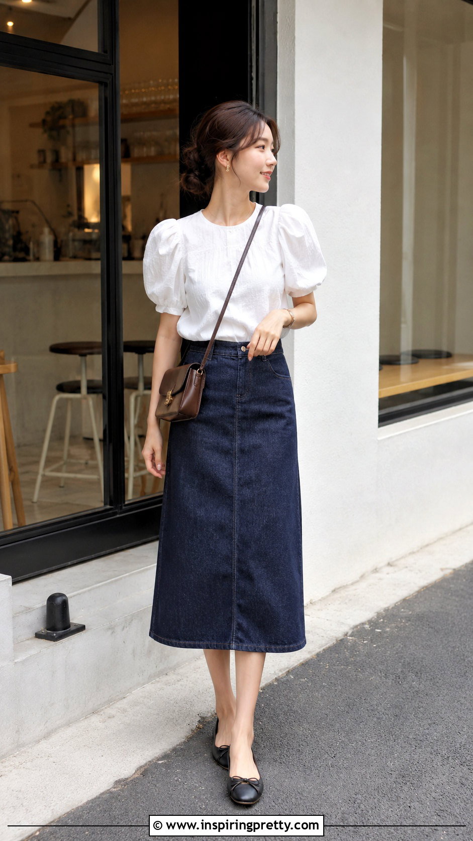 White Puff Sleeve Blouse With Denim Midi Skirt - 50 white tops outfit ideas
