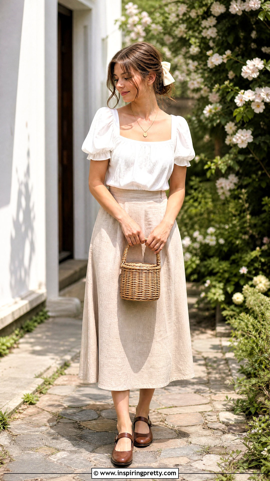 White Puff Sleeve Cottagecore Top With Linen Skirt - 25 Cottagecore Tops For Women