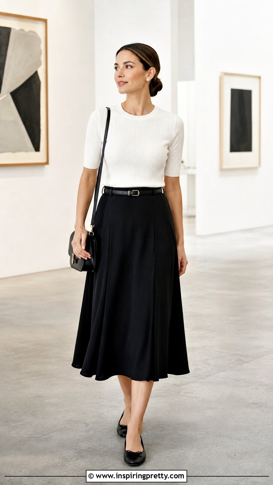White Ribbed Top With Black Midi Skirt - 20 Minimalist White Top outfit ideas
