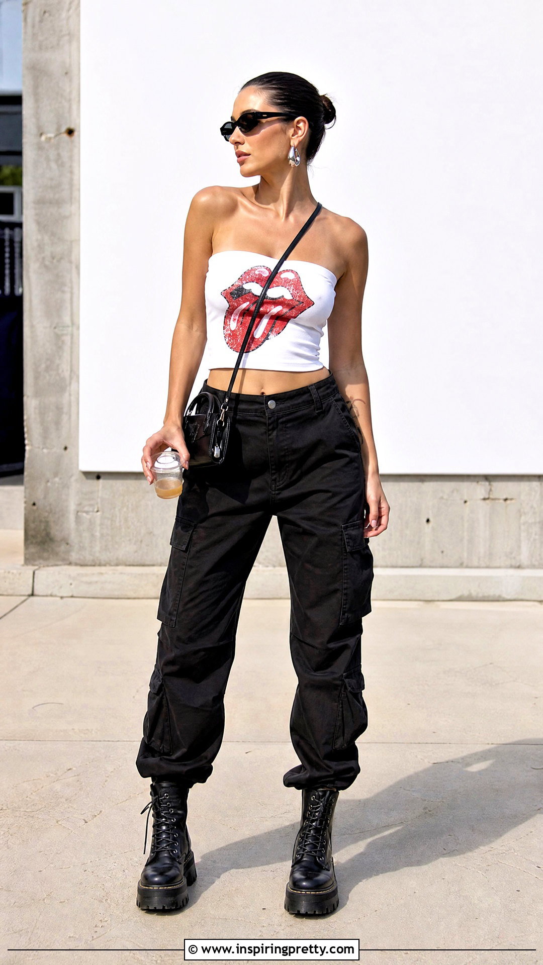 White Rolling Stones Tube Top With Black Cargo Pants - 20 Rolling Stones Tube Tops