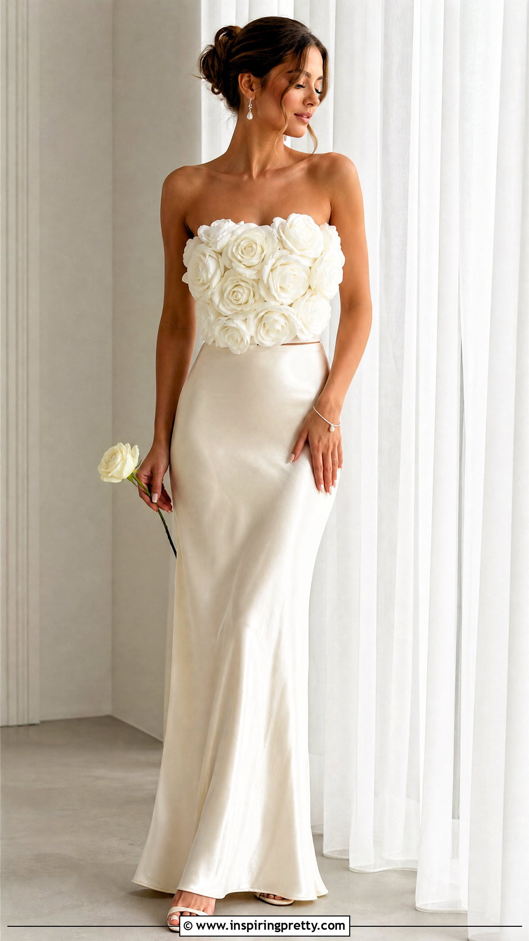 White Rose Flower Top With Satin Maxi Skirt - 50 flower top photoshoot ideas