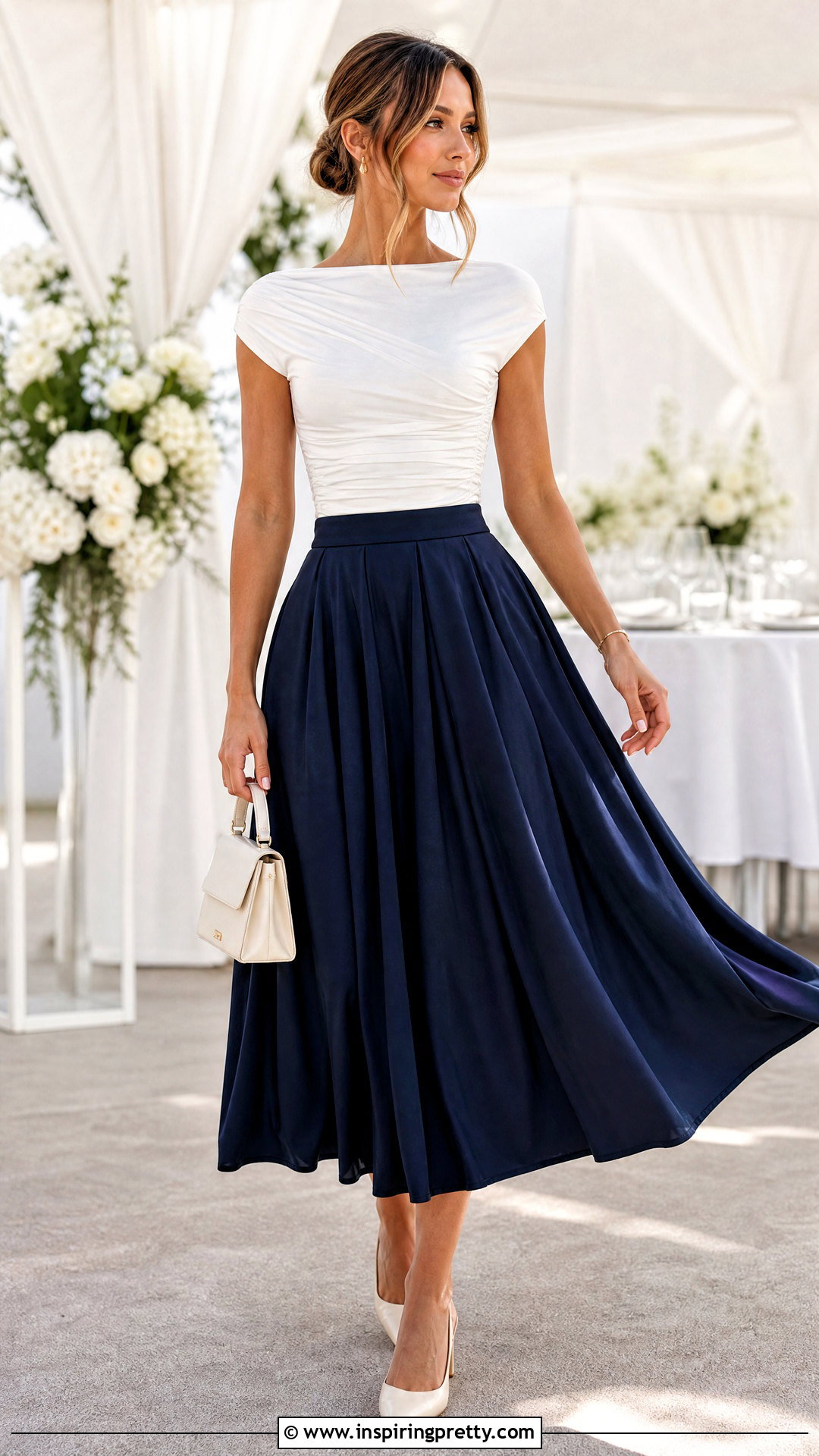 White Ruched Top With Full Midi Skirt - 50 classy white top outfits