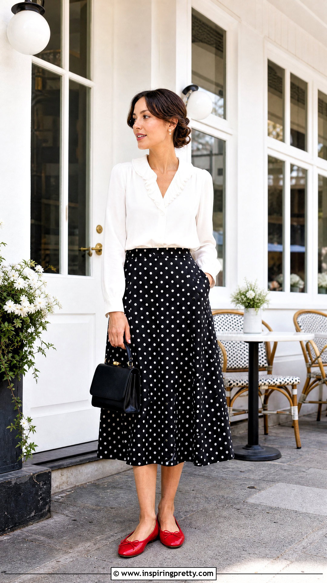 White Ruffle Blouse And Polka Dot Skirt Outfit - 50 white top and skirt outfit ideas
