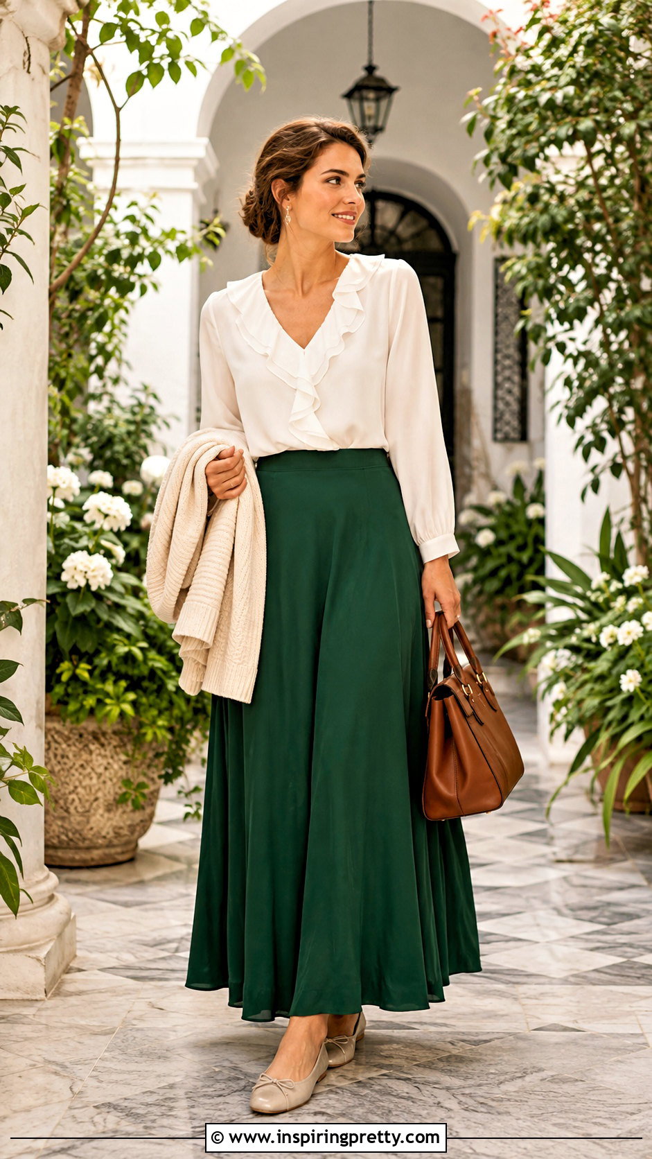 White Ruffle Blouse With Maxi Skirt - 50 white tops outfit ideas