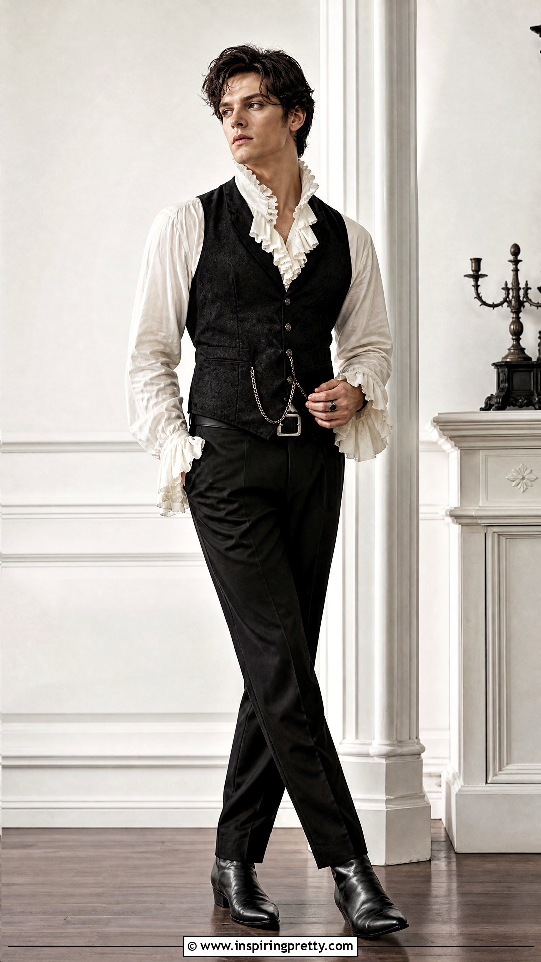 White Ruffle Goth Shirt With Black Waistcoat - 25 goth tops men