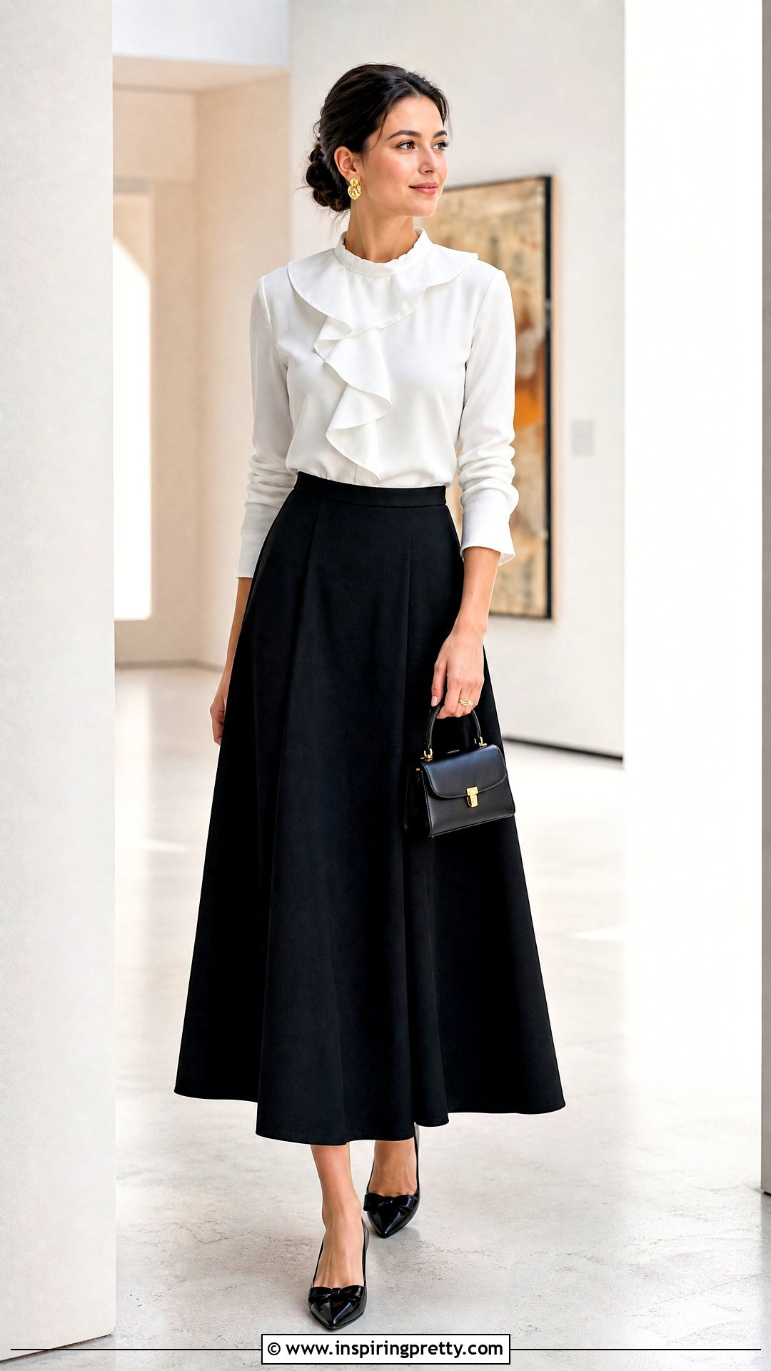 White Ruffle Top With A Black Maxi Skirt - 50 white ruffle top outfit ideas