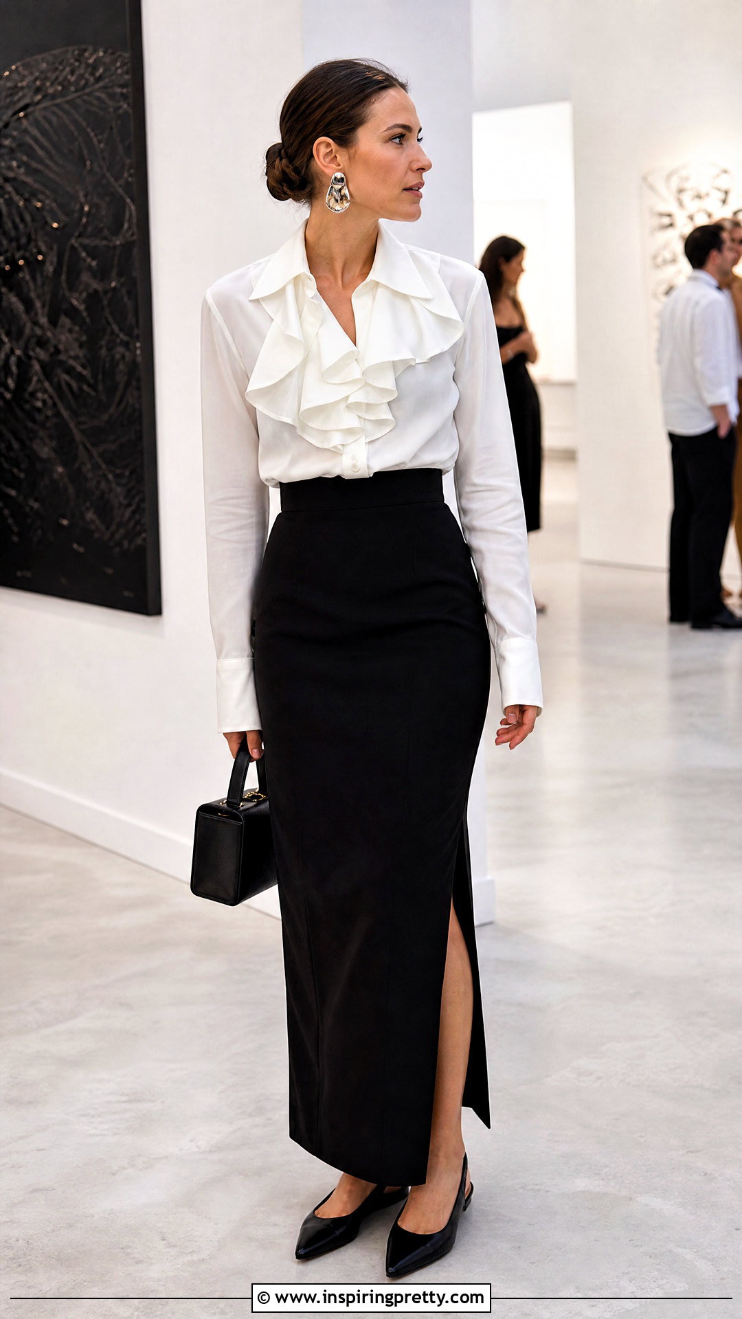 White Ruffle Top With A Column Maxi Skirt - 50 white ruffle top outfit ideas