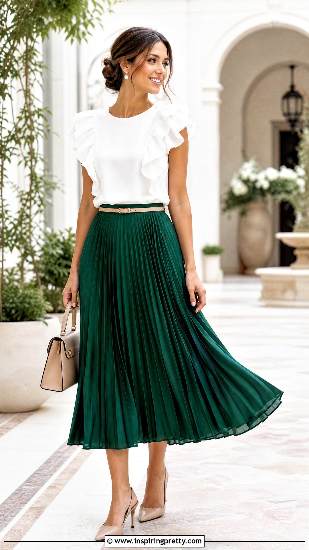 White Ruffle Top With A Pleated Midi Skirt - 50 white ruffle top outfit ideas