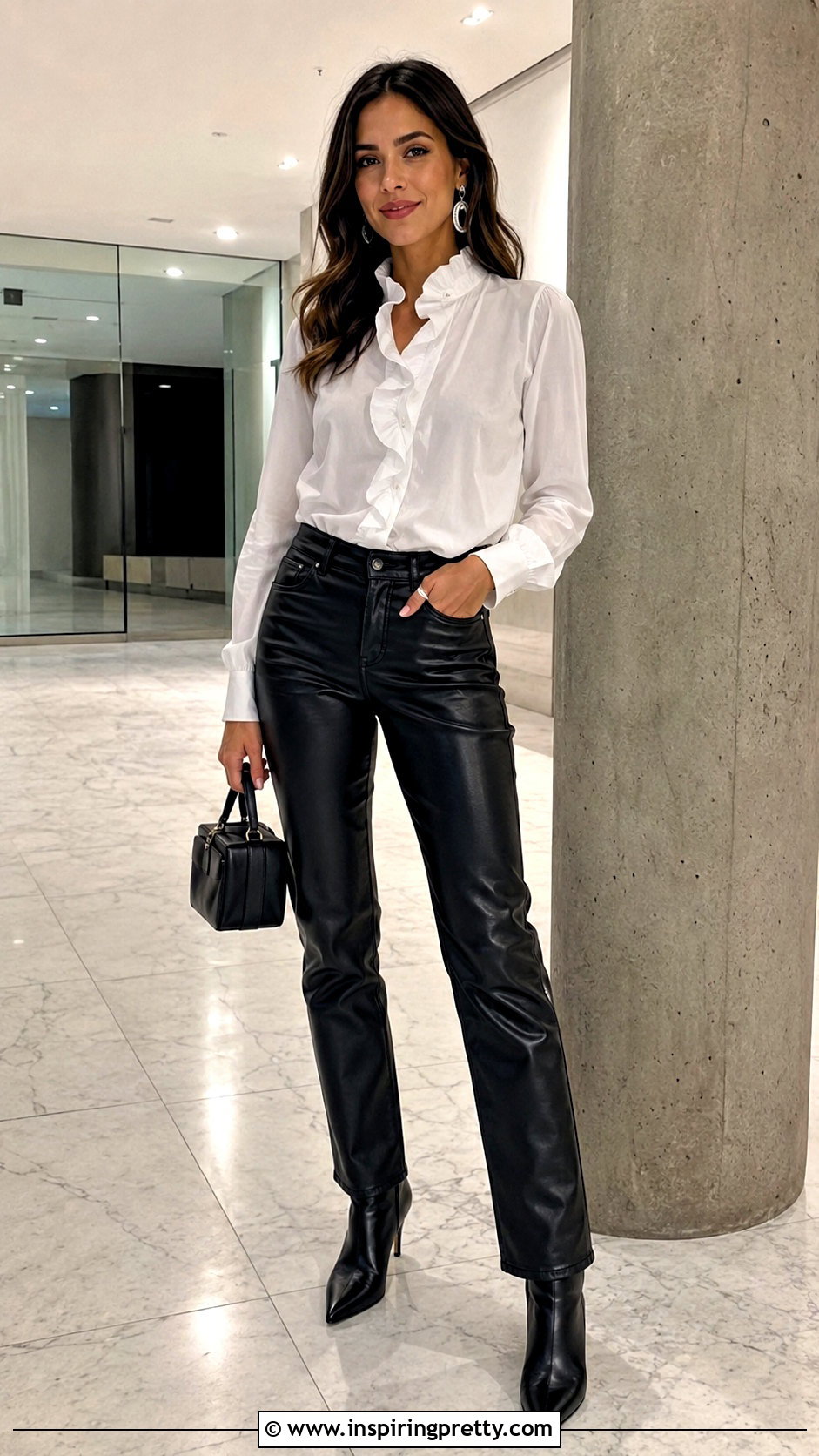 White Ruffle Top With Leather Pants - 50 pretty tops outfit ideas