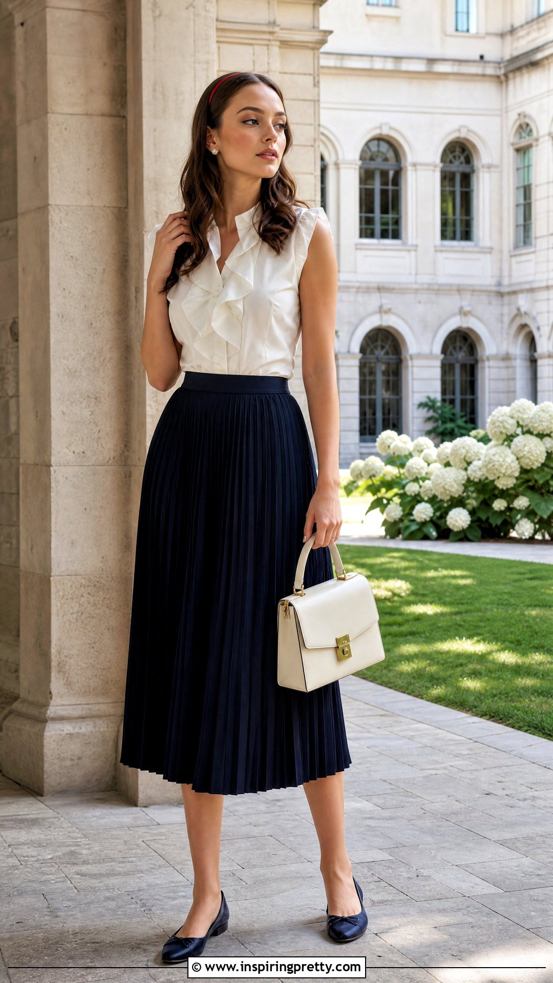 White Ruffle Top With Navy Pleated Skirt - 25 blair waldorf white ruffle top outfit ideas