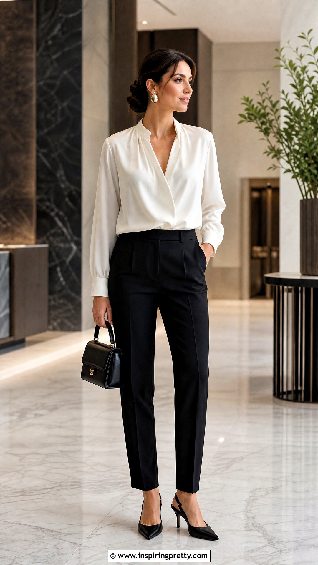 White Satin Blouse With Black Tailored Trousers - 50 white top black bottom outfit ideas