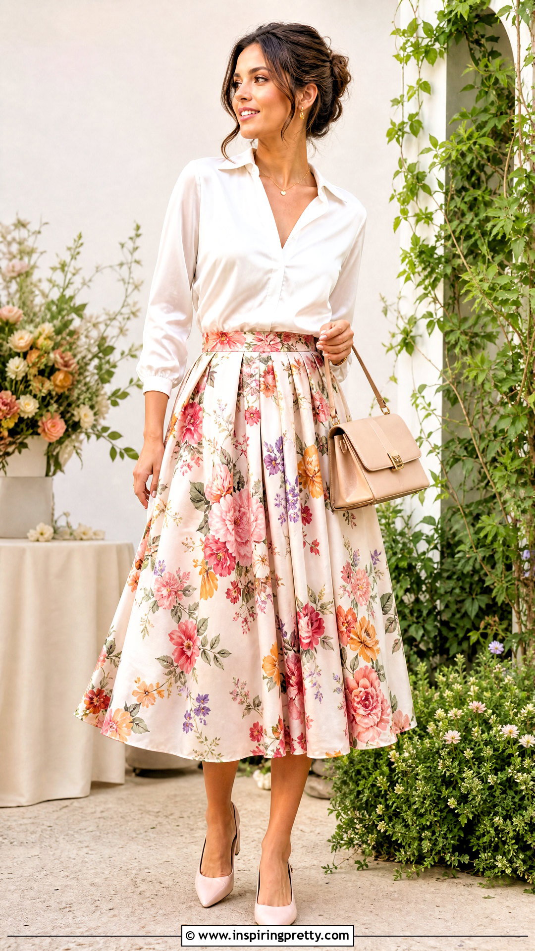 White Satin Top With Floral Midi Skirt - 50 white satin top outfit ideas