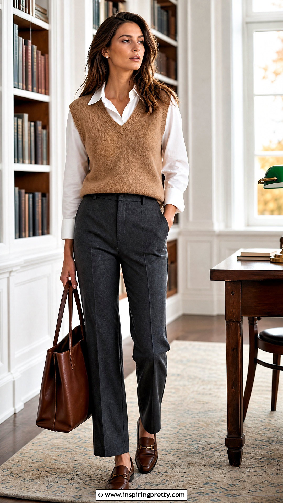 White Satin Top With Sweater Vest And Trousers - 50 white satin top outfit ideas