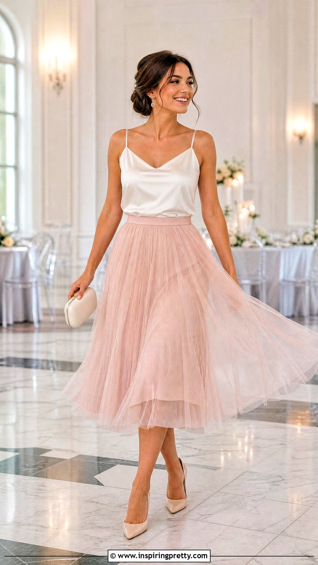 White Satin Top With Tulle Midi Skirt - 50 white satin top outfit ideas