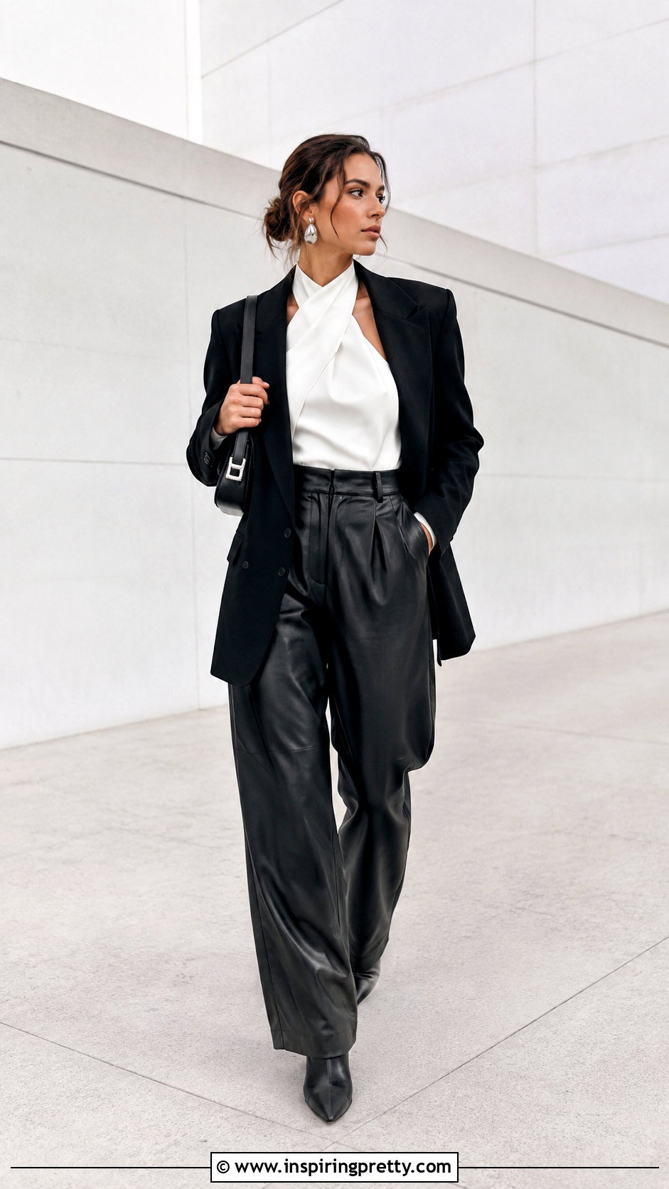 White Sculpted Halter Top With Black Leather Pants - 20 Sculpted Halter Top outfit ideas