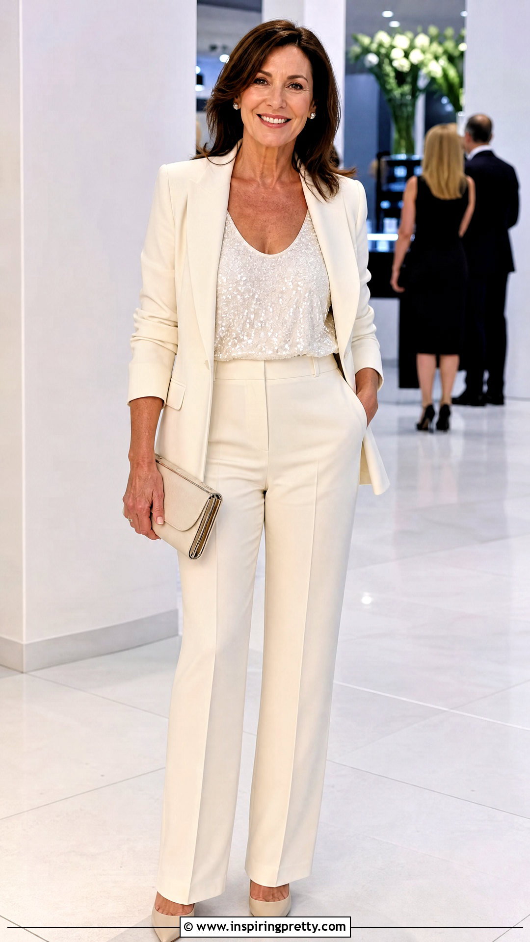White Sequin Shell Top With Ivory Pantsuit - 20 white sequin tops for women