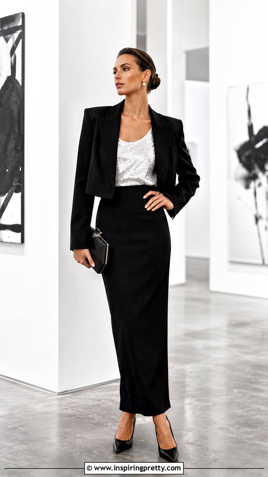 White Sequin Top With Black Column Skirt - 50 sequin top outfit parties