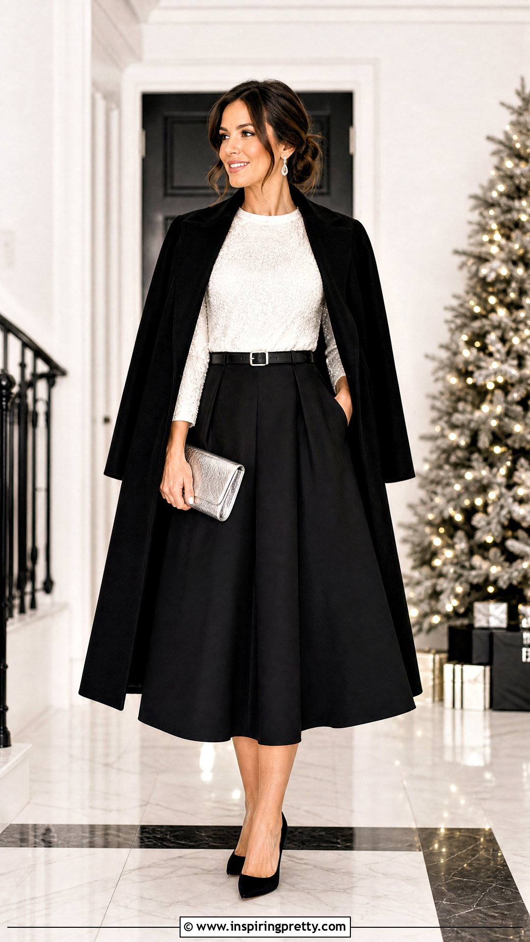 White Sequin Top With Black Midi Skirt - 20 festive sequin top inspirations