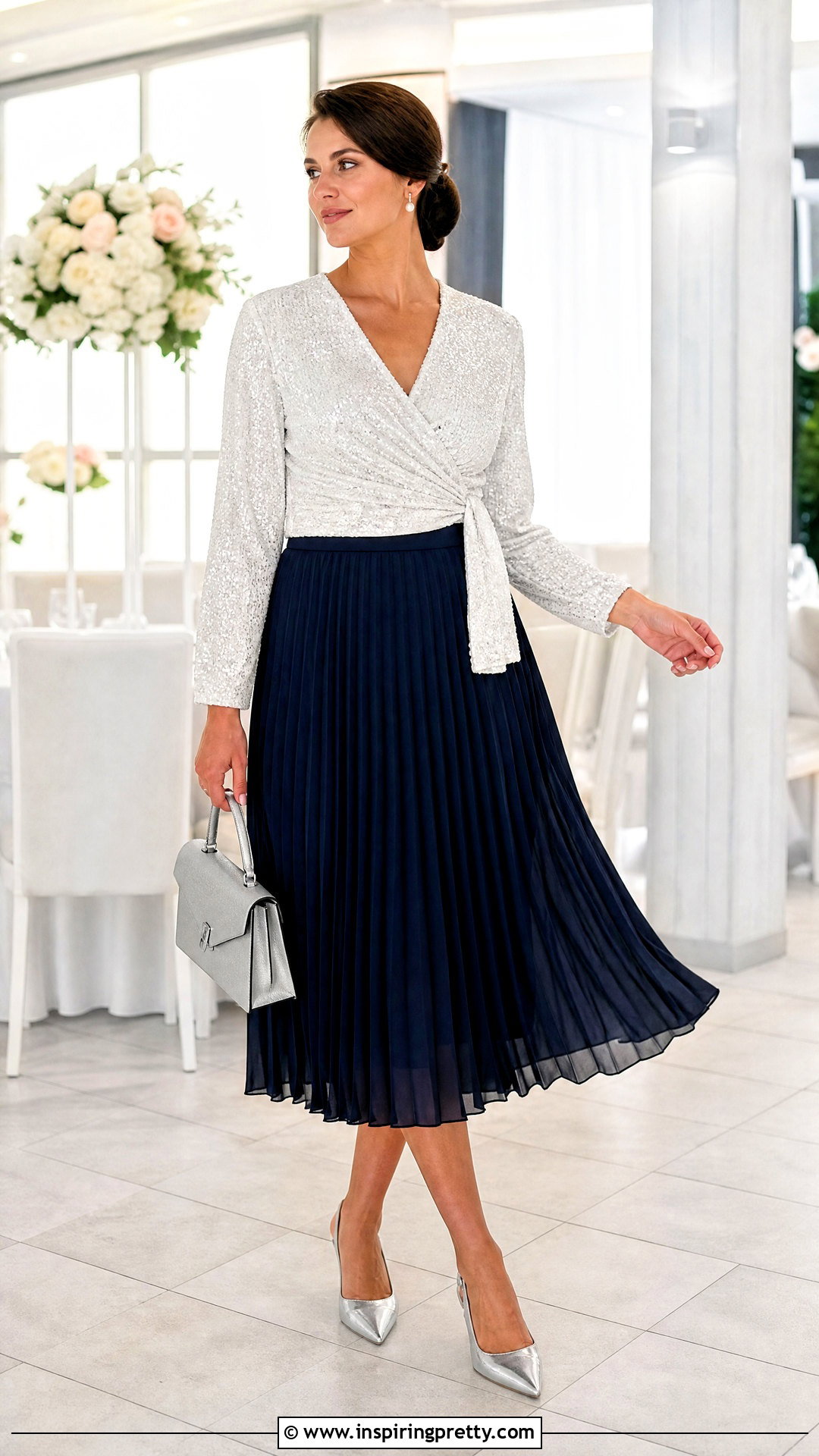 White Sequin Wrap Top With Pleated Midi Skirt - 20 white sequin tops for women