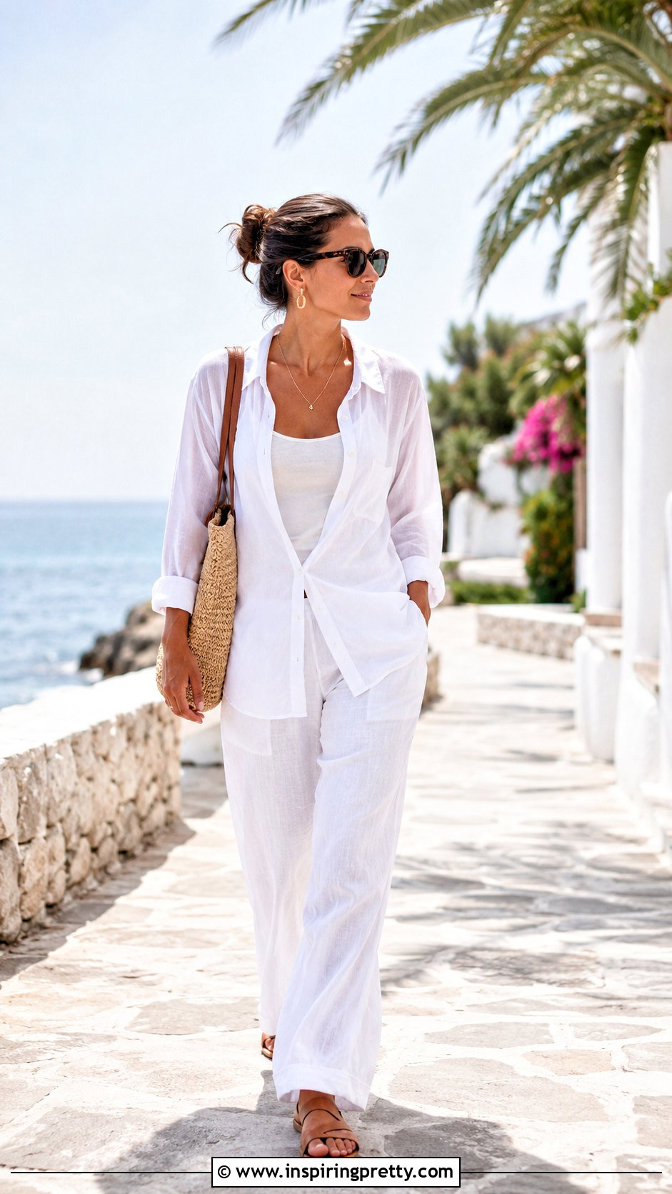 White Sheer Blouse With Linen Pants - 20 sheer fabric fashion top outfit ideas