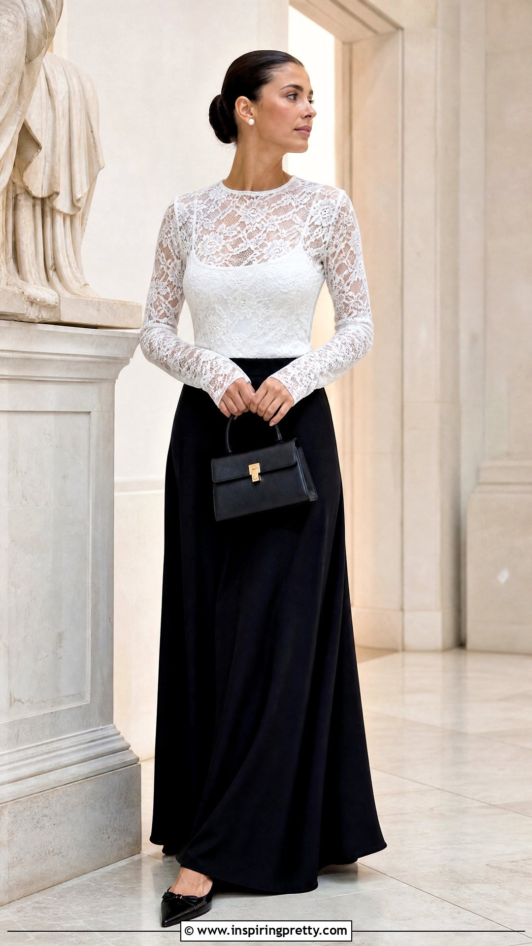 White Sheer Lace Top With Black Maxi Skirt - 25 sheer lace top outfit aesthetic ideas