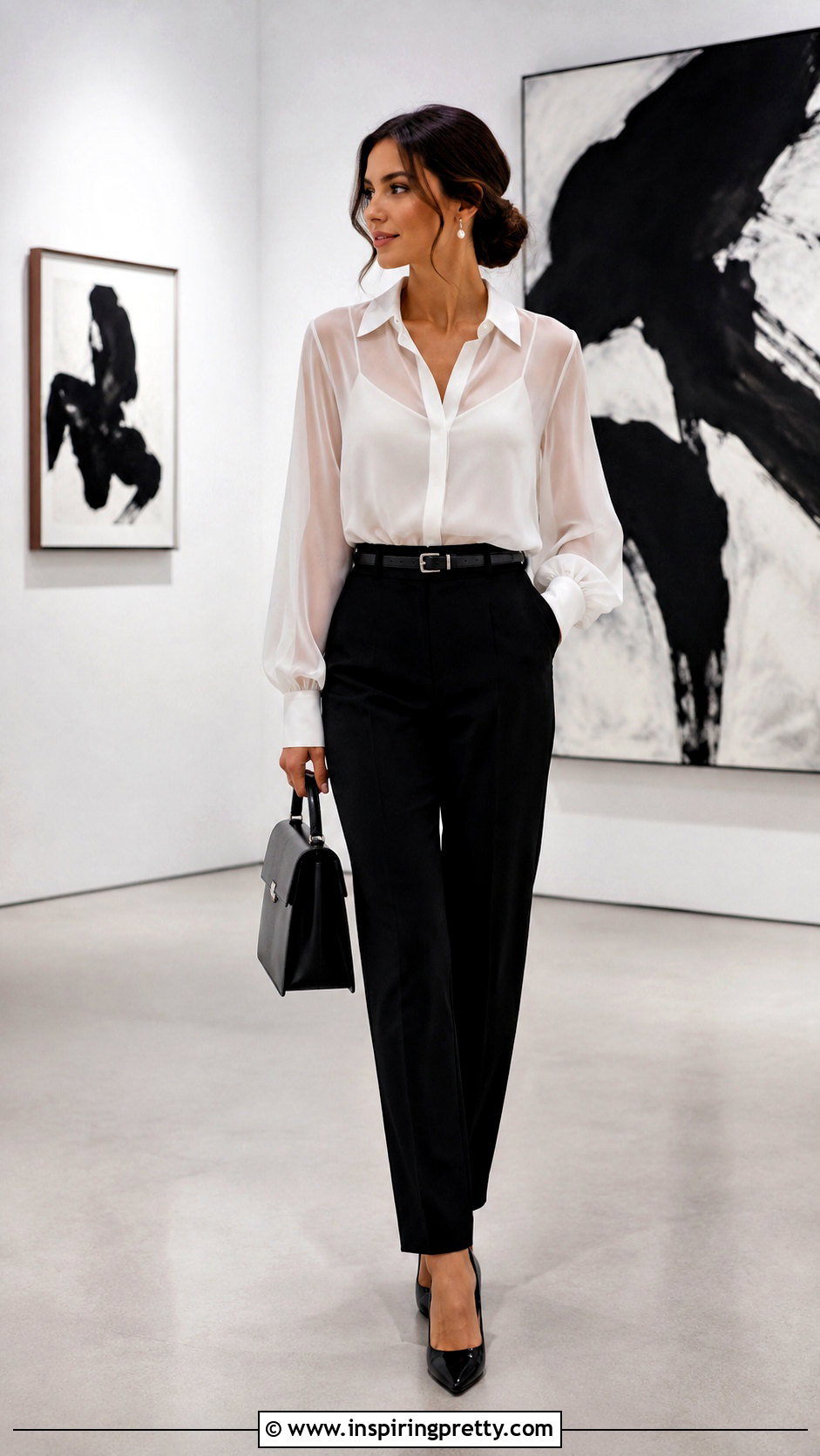 White Sheer Long Sleeve Blouse With Black Trousers - 50 long sleeve going out tops outfit ideas