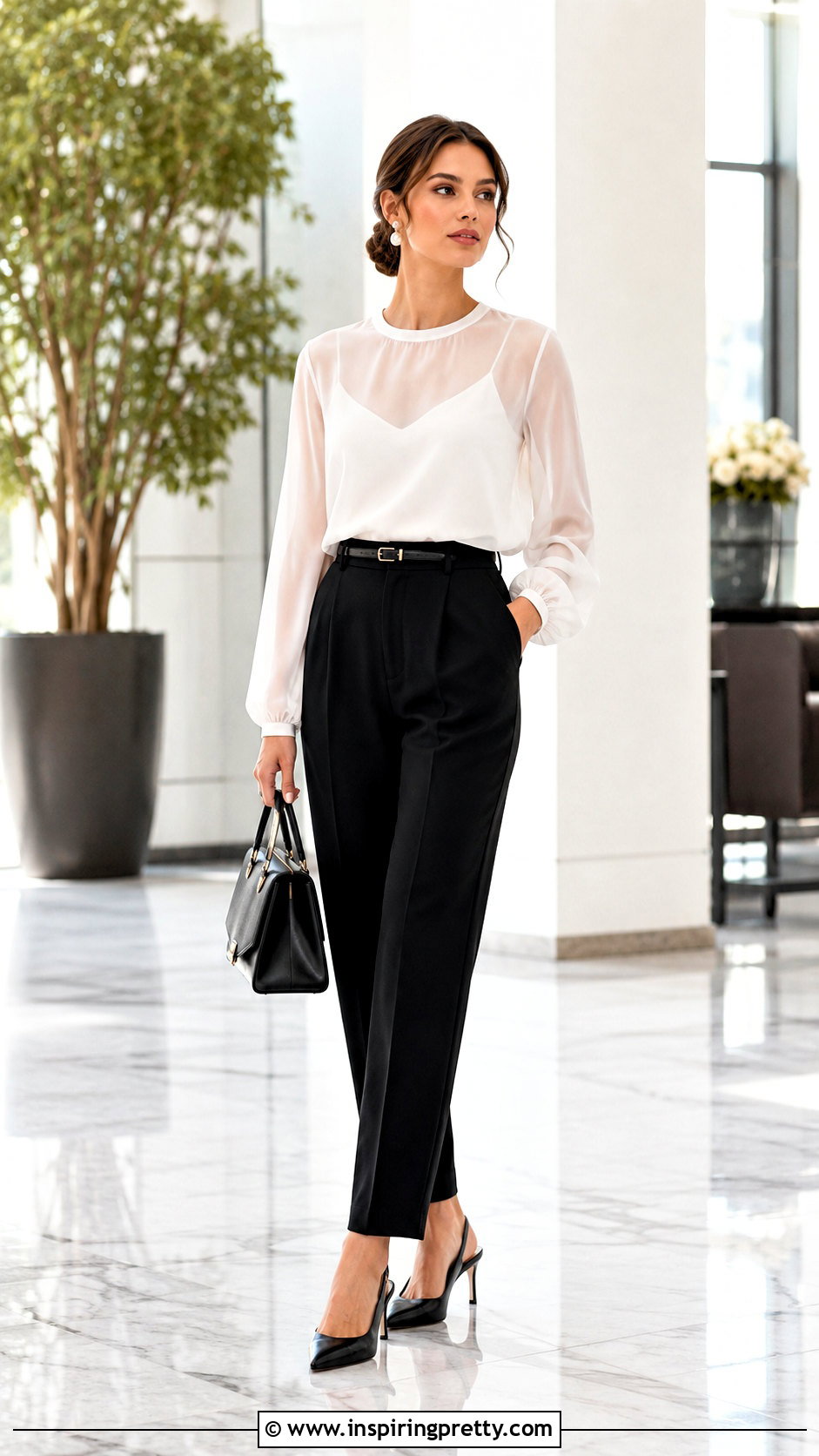 White Sheer Long Sleeve Top With Black Trousers - 50 sheer long sleeve top outfit ideas