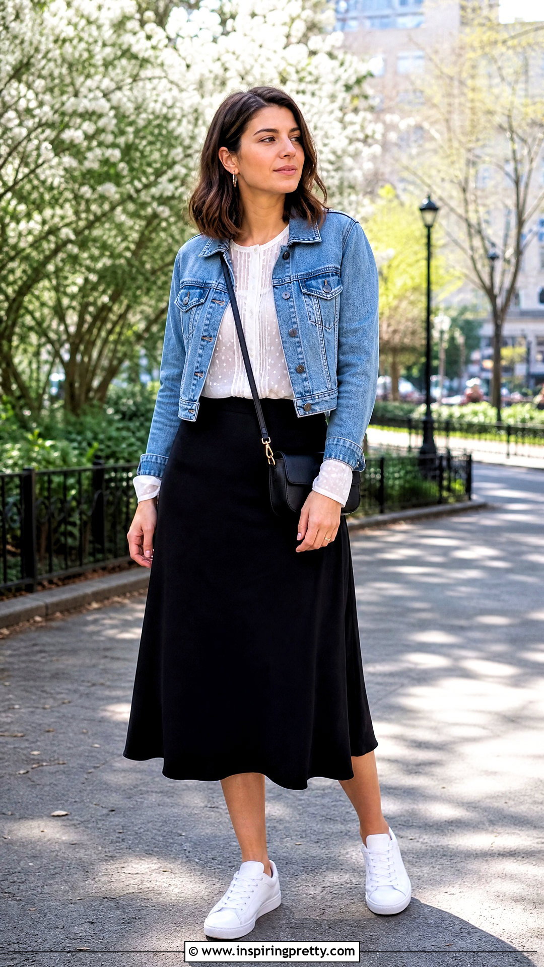 White Sheer Top With Denim Jacket And Midi Skirt - 50 white sheer top outfit ideas