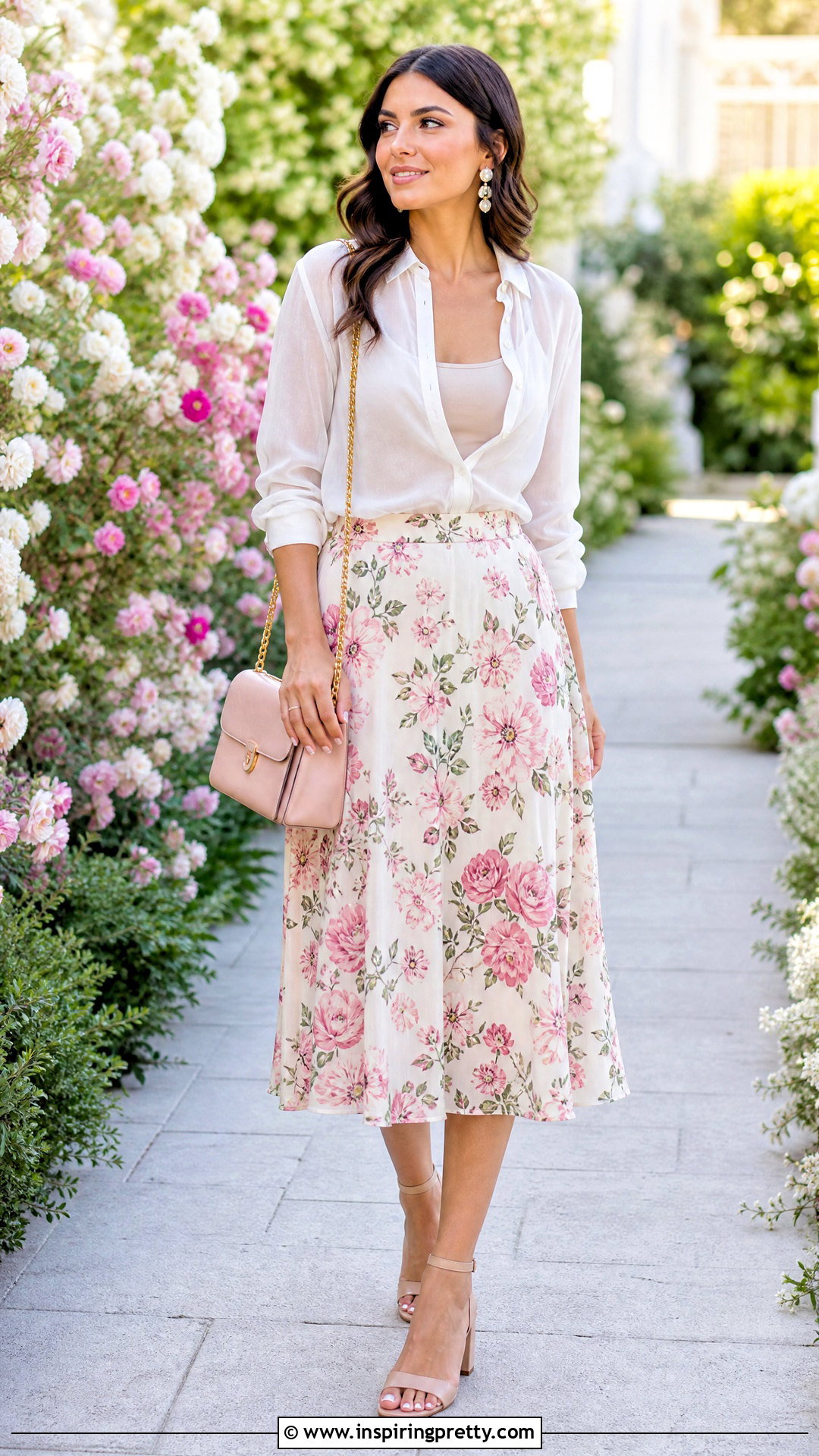 White Sheer Top With Floral Midi Skirt - 50 white sheer top outfit ideas