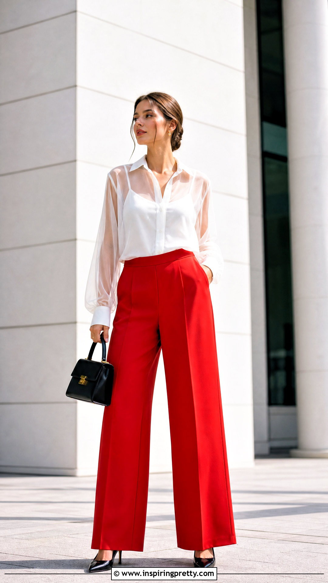 White Sheer Top With Red Trousers - 50 white sheer top outfit ideas