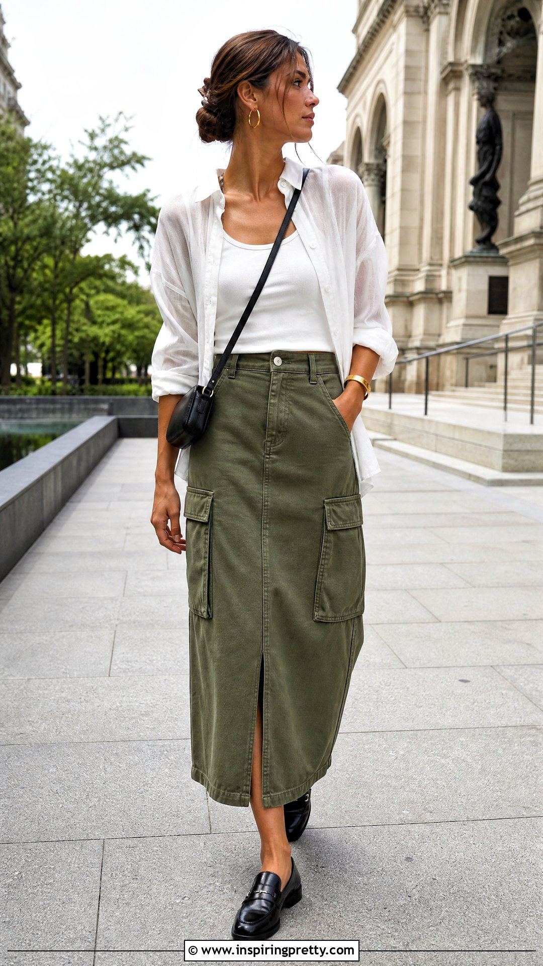 White Sheer Top With Utility Midi Skirt - 50 white sheer top outfit ideas