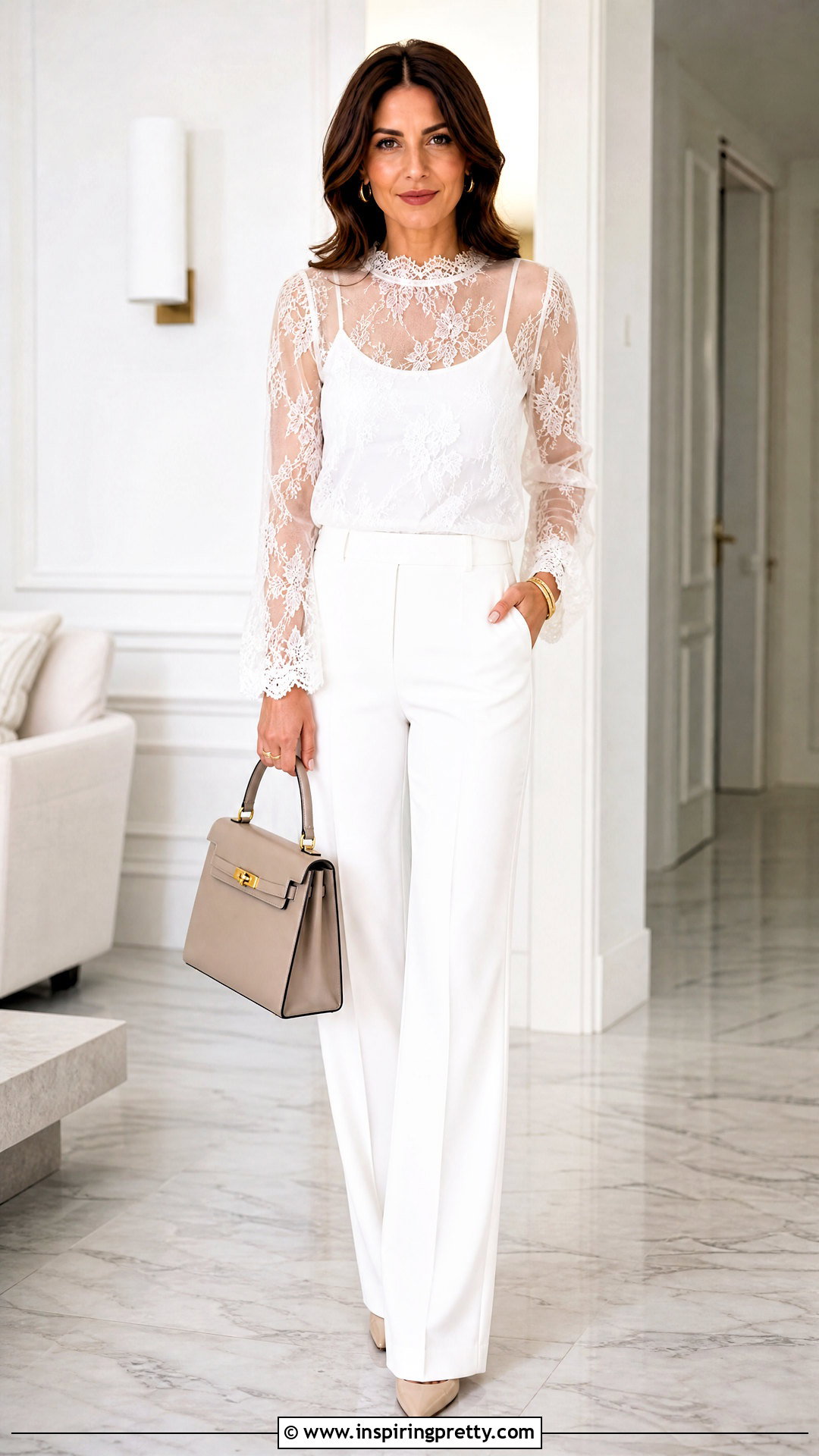 White Sheer Top With White Trousers - 50 sheer top outfit ideas