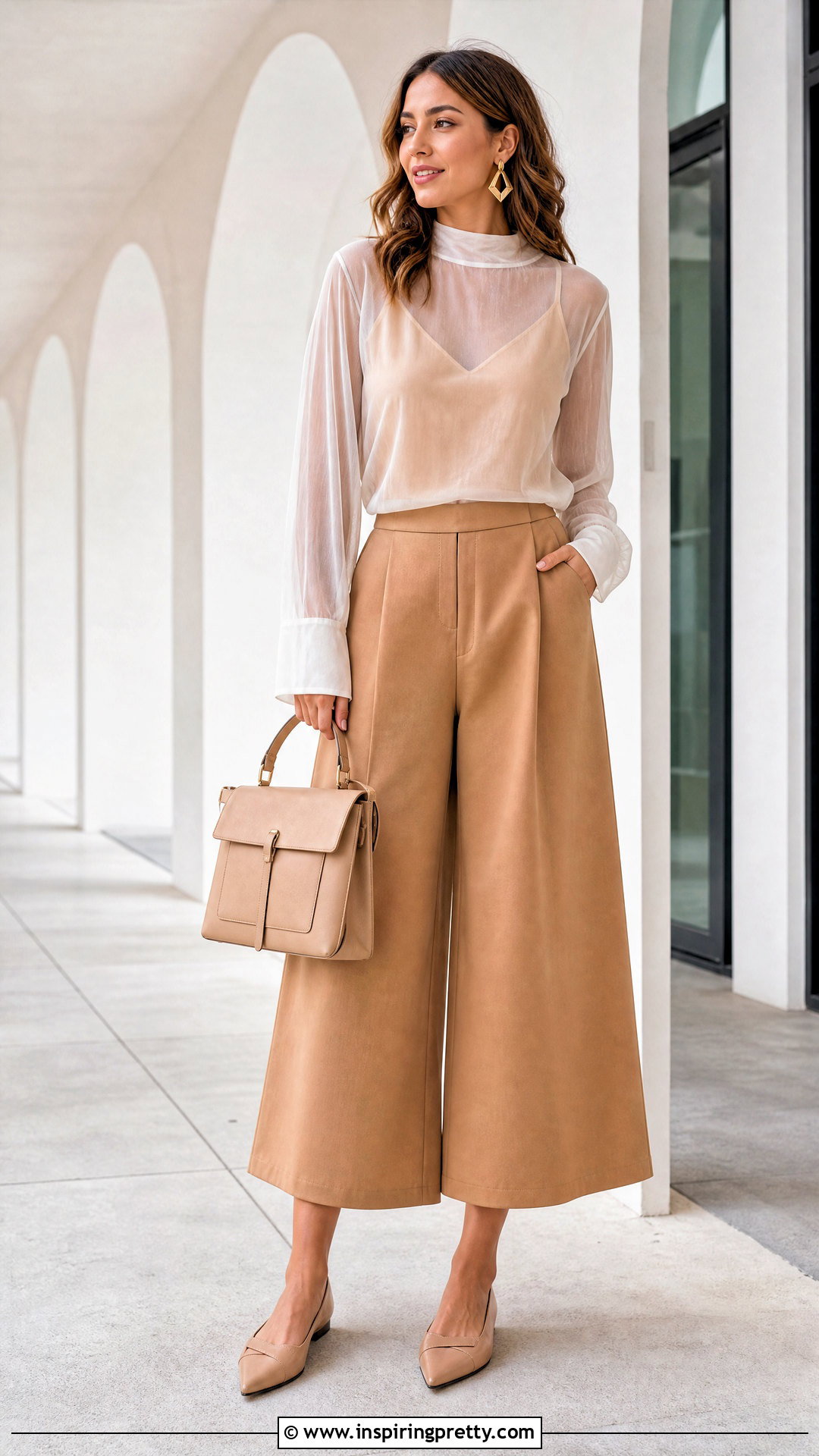 White Sheer Top With Wide Leg Culottes - 50 white sheer top outfit ideas
