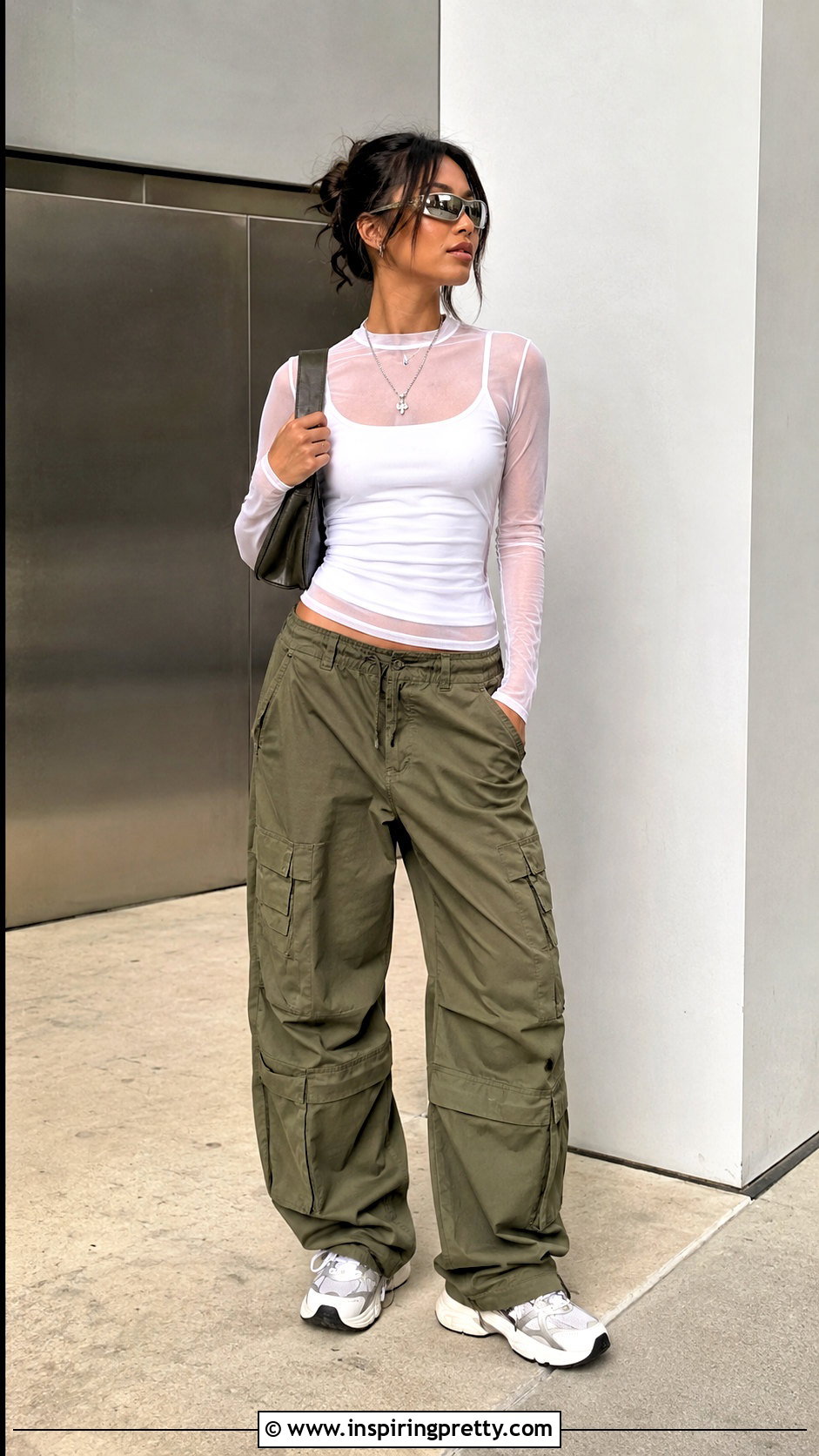 White Sheer Y K Top With Cargo Pants - 20 sheer y2k top outfit ideas