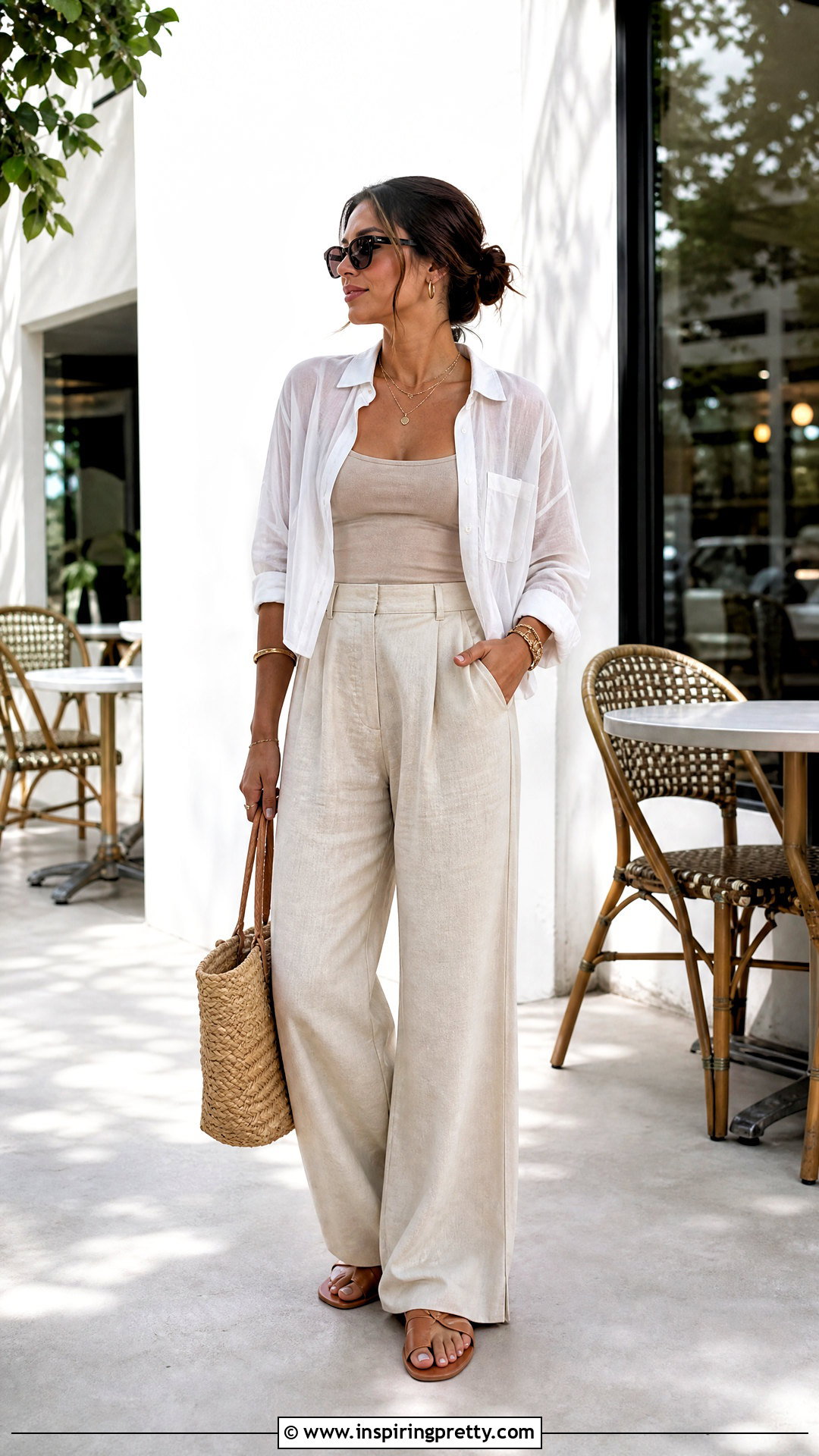 White Shein Sheer Shirt With Linen Trousers - 20 Shein Sheer Top outfit ideas