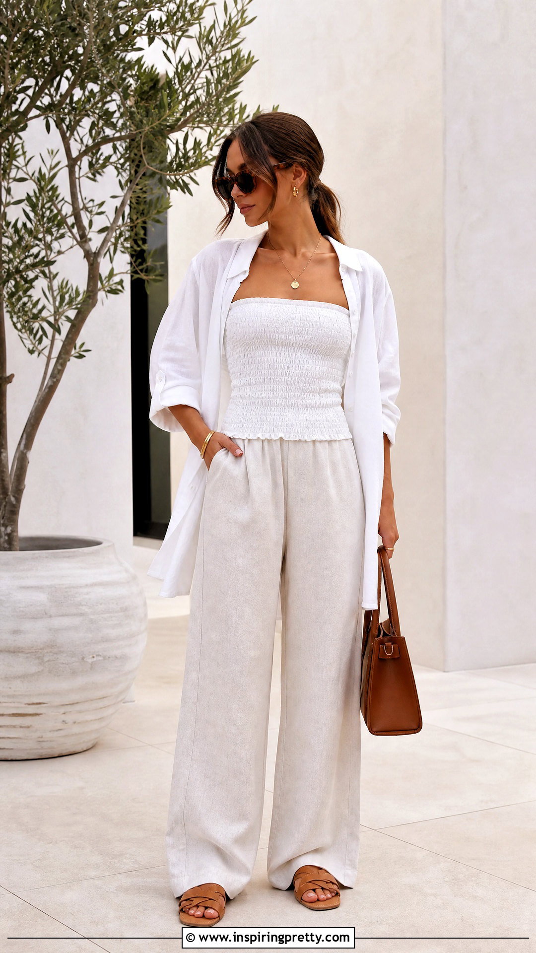 White Shirred Strapless Top With White Trousers - 25 Shirred Strapless Top outfit ideas