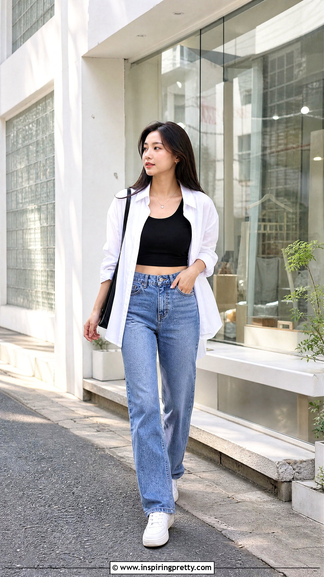 White Shirt Over Crop Top And Jeans Outfit - 50 crop top outfits korean styles
