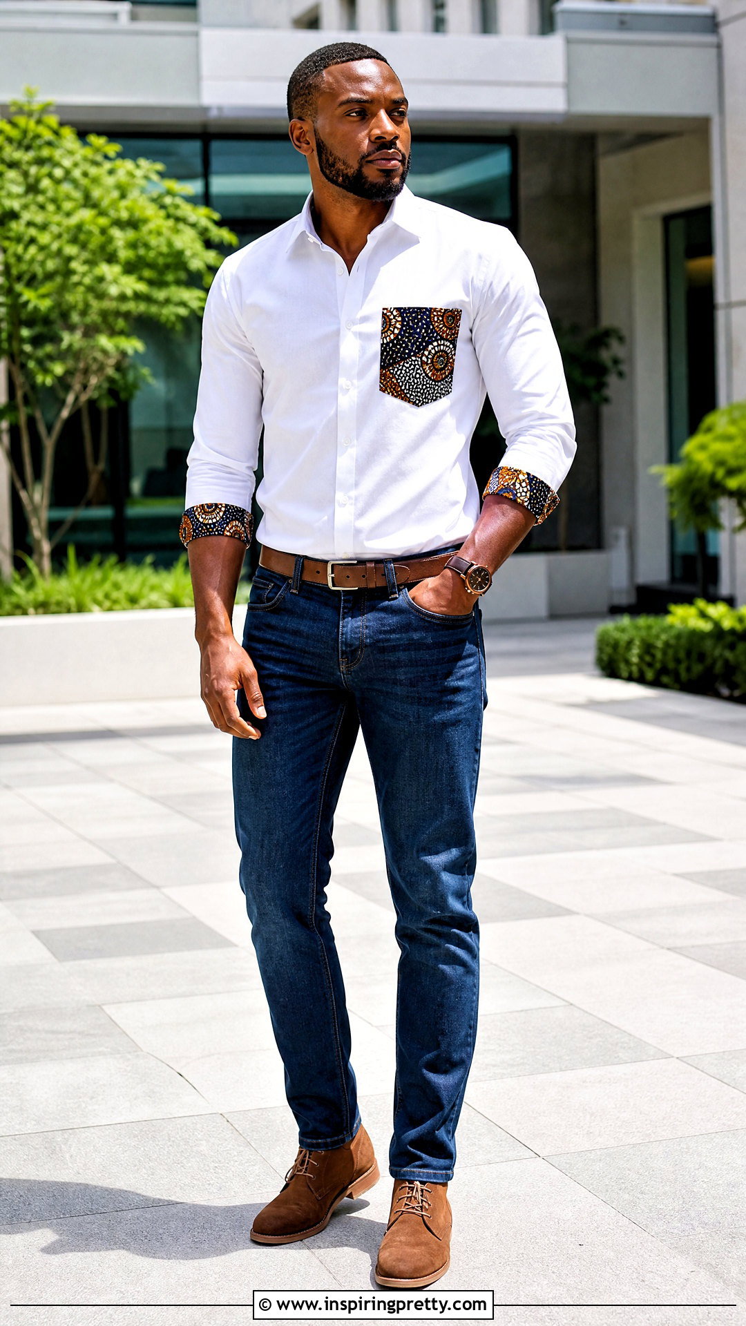 White Shirt With Ankara Pocket And Blue Jeans - 50 ankara top for men outfit ideas