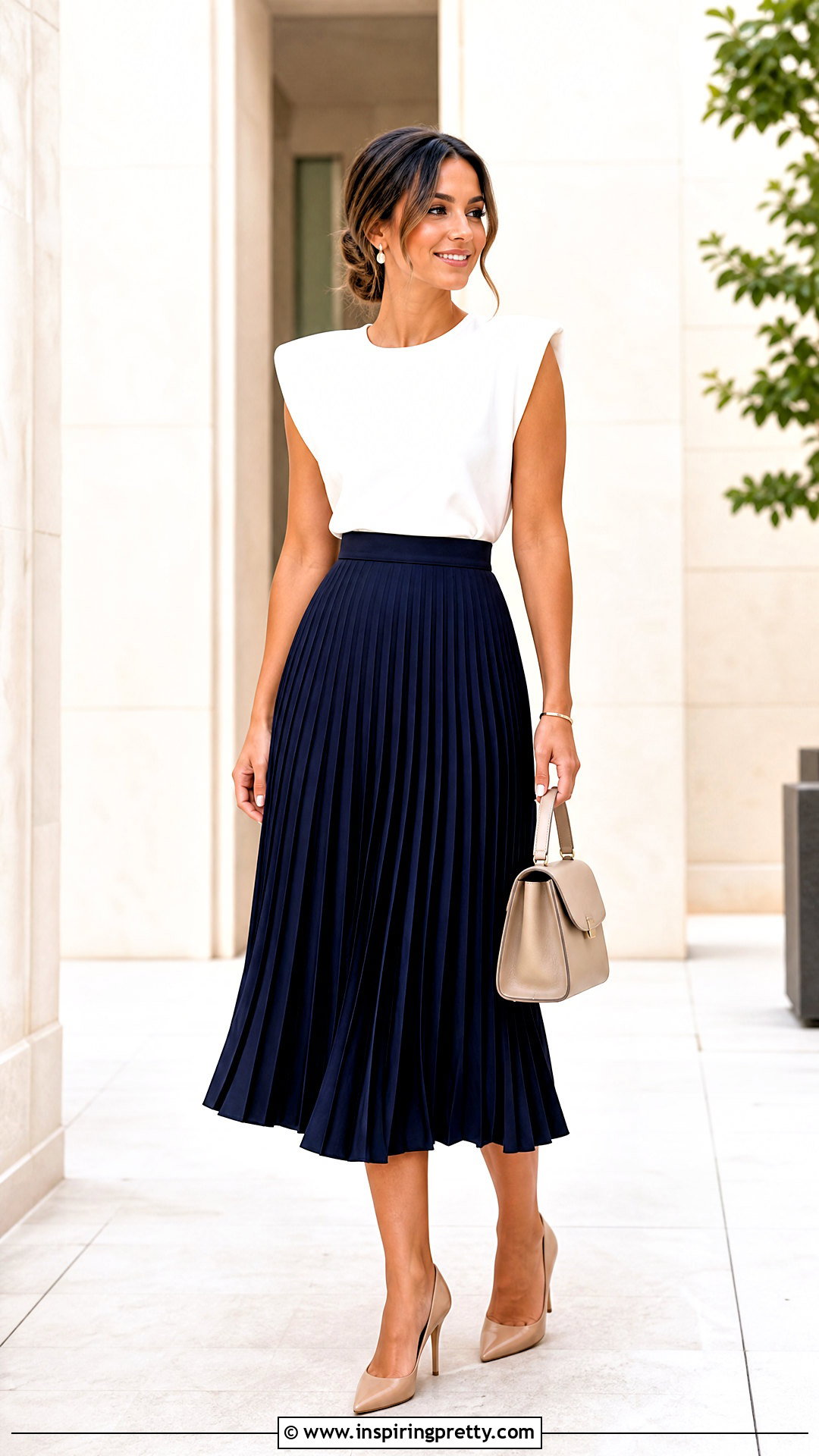 White Shoulder Pad Top With Pleated Midi Skirt - 25 White Shoulder Pad Top Outfit ideas