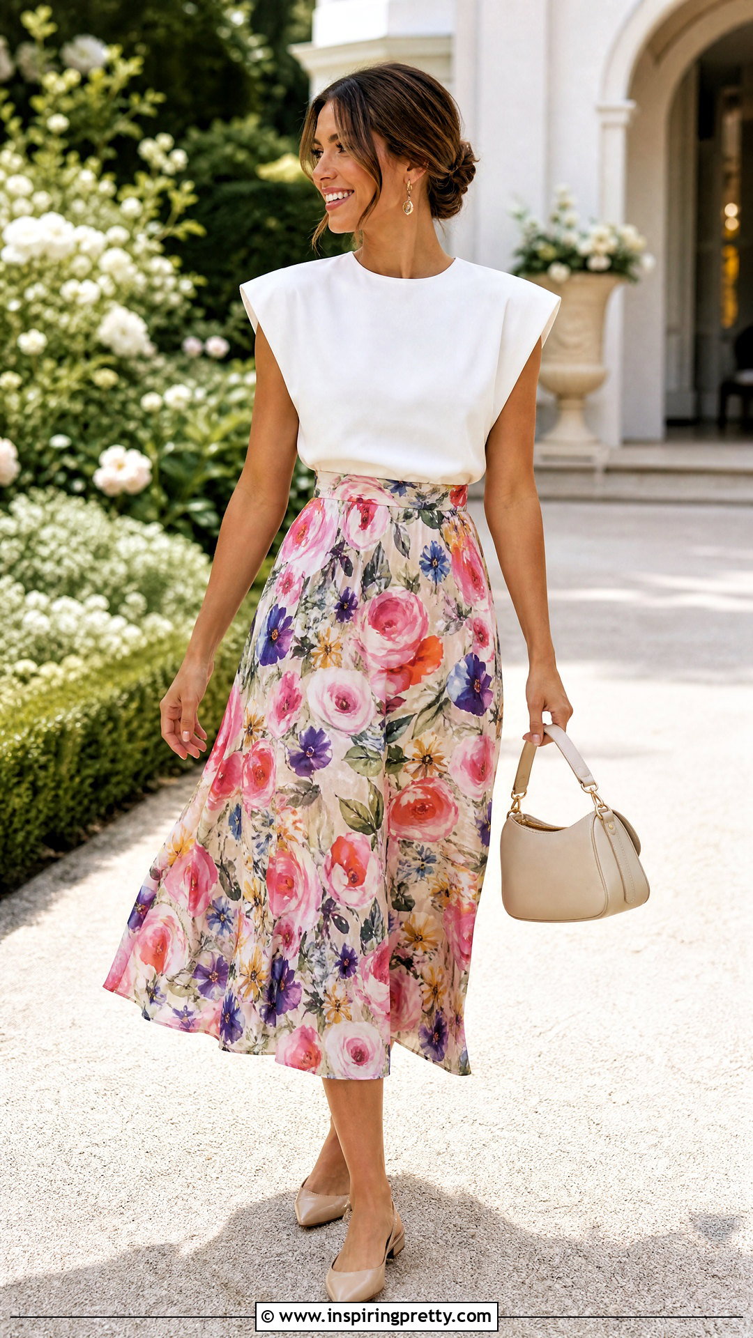 White Shoulder Pad Top With Printed Midi Skirt - 25 White Shoulder Pad Top Outfit ideas