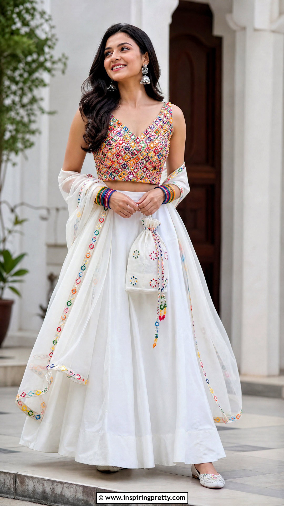 White Skirt With Multicolor Mirror Top - 50 skirt top indian outfit ideas